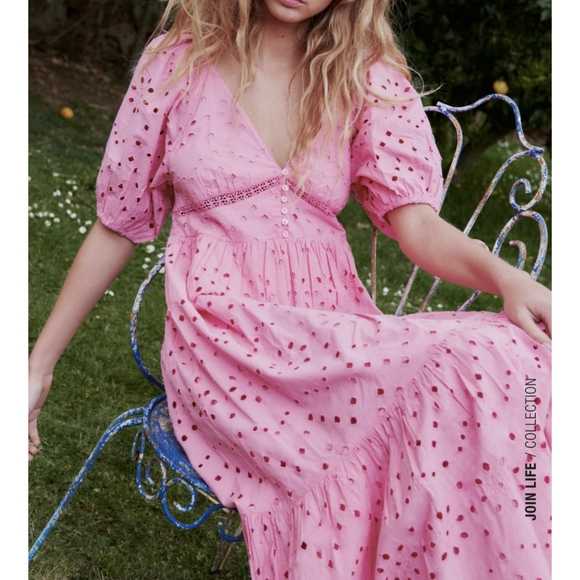 ZARA PINK OPENWORK EMBROIDERED MIDI DRESS PUFF SLEEVES - Picture 12 of 12